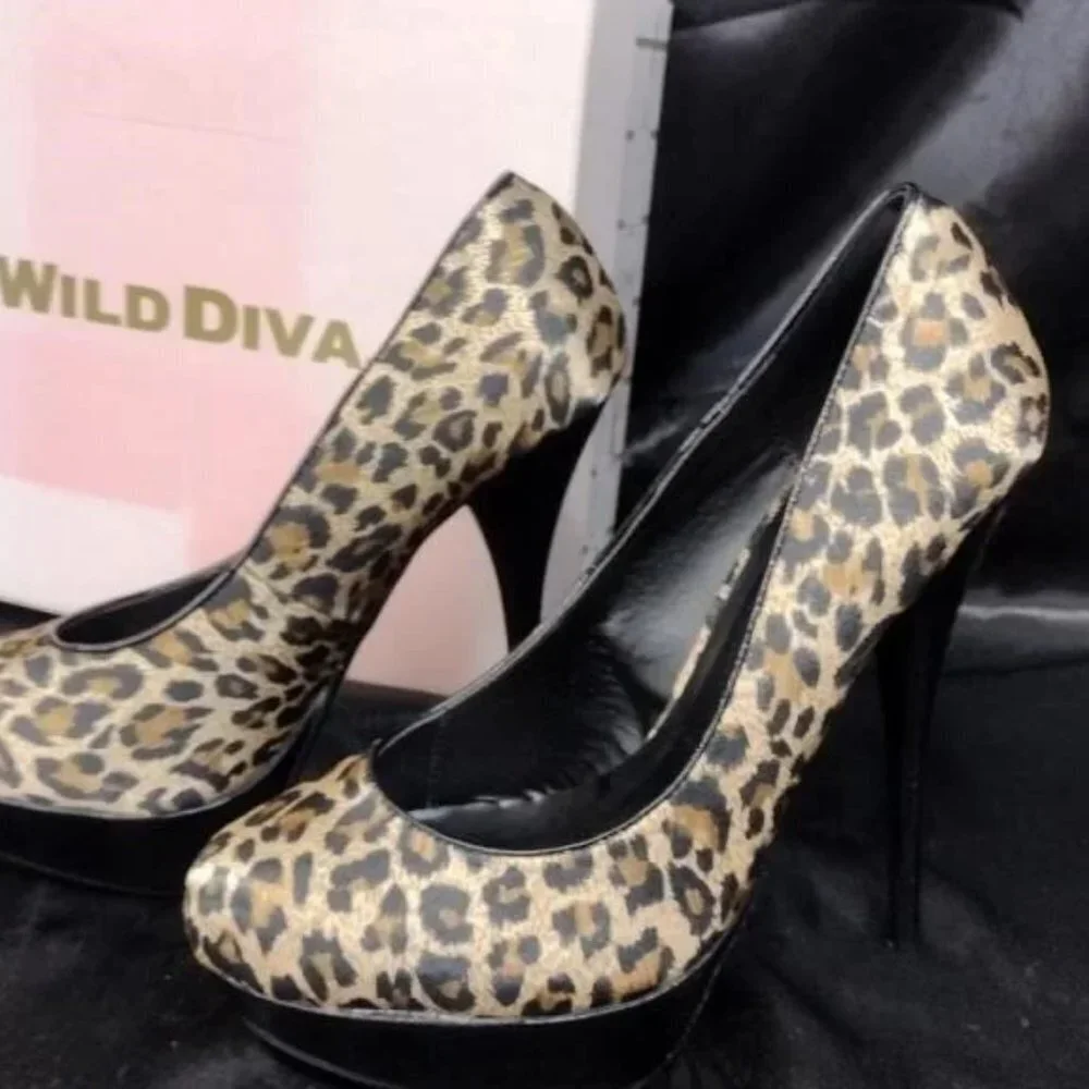 BOGO WILD DIVA SATIN LEOPARD ANIMAL PRINT HIGH HEELS PUMPS SHOES STILETTOS 8